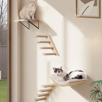 Cat Wall Stairs and Wall Shelves, 4 Piece Wood Cats Furniture Set, Padded Curved Bed with Foam, Flat Shelf & Climbing 4 Steps Stairs for Large Indoor Cats by PELUOMOZ