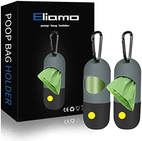 2 Pack Dog Poop Bag Dispenser with Built-in LED Flashlight, Pet Waste Bag Holder for Leash with Carabiner Clip for Lead Leash, 2 Rolls Leak-proof Doggy Waste Bags for Dog Walking, Grey by Eliamo