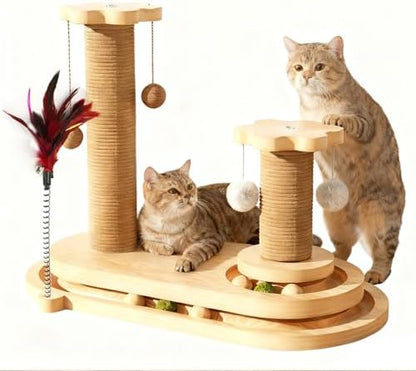 Cat Scratching Post, Sisal Cat Scratcher Post - 4-in-1 Cat Solid Wood Activity Center | Indoor Interactive Cat Toy with Trackball (Rolling), Feather Teaser, Hanging Balls & Natural Catnip Ball by SQRTPGD