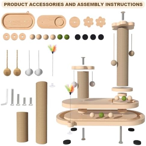 Cat Scratching Post, Sisal Cat Scratcher Post - 4-in-1 Cat Solid Wood Activity Center | Indoor Interactive Cat Toy with Trackball (Rolling), Feather Teaser, Hanging Balls & Natural Catnip Ball - Image 5