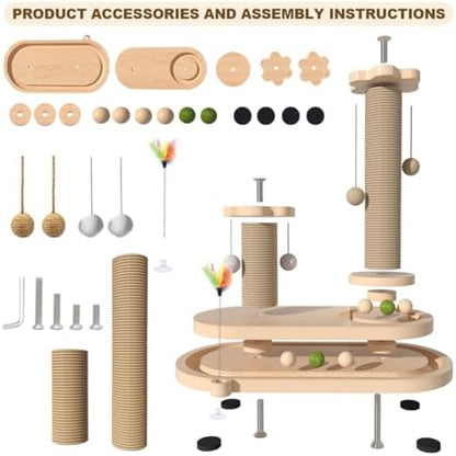 Cat Scratching Post, Sisal Cat Scratcher Post - 4-in-1 Cat Solid Wood Activity Center | Indoor Interactive Cat Toy with Trackball (Rolling), Feather Teaser, Hanging Balls & Natural Catnip Ball - Image 5