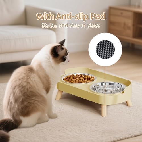 Elevated Cat Bowl, Raised Cat Food and Water Bowl Set for Indoor Cats, Splash Proof with 2 Stainless Steel Pet Food Bowls for Cats and Puppies, Whisker Fatigue and Dishwasher Safe - Yellow - Image 5
