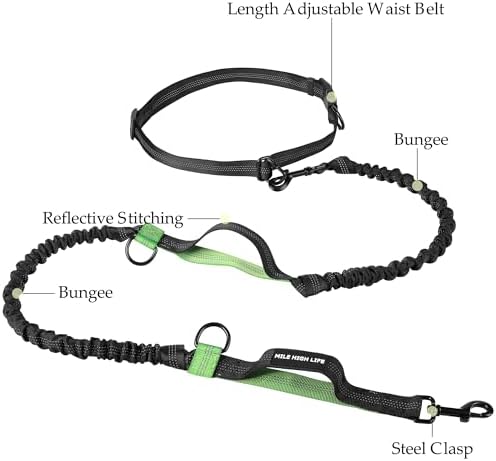 Mile High Life Hands Free Leash, Waist Leash for Dog Running Training and Jogging, Adjustable Belt with Double Padded Handle, Reflective Bungee for Medium Large Dogs (Green, 7FT) - Image 4
