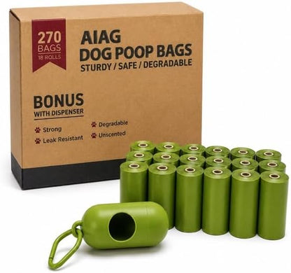 Dog Poop Bags Rolls with 1 Dispenser 270 Count (18 Rolls, 15 Bags per Roll), Leakproof, Unscented, Includes Leash Clip, Thick Strong, 8.5"W x 11.5"L by Unknown