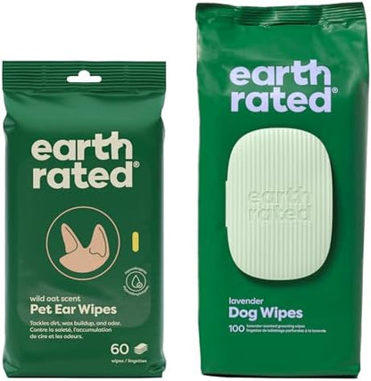 Earth Rated Ear Wipes & Grooming Wipes Bundle - Includes 60 Wild Oat-Scented Pet Ear Wipes and 100 Lavender-Scented Grooming Wipes. by EarthRated