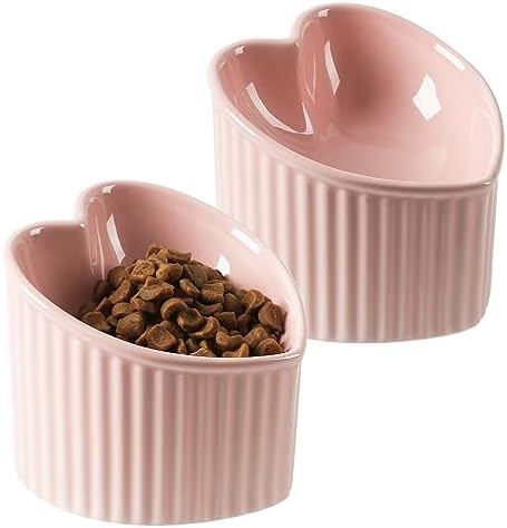 5 in Ceramic Raised Tilted Cat Food Bowls Pink 2 Pack by FIVEAGE
