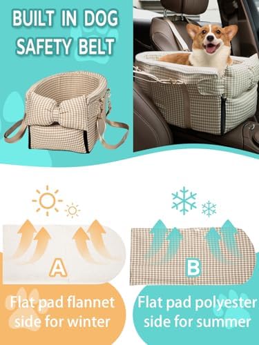 Prpeko Dog Car Seat for Small Dogs,Center Console Seat for Puppy,Anti-Collapse Pet Car Seat with Soft Cushion Safety Belt, Portable Car Armrest Seat for Dog & Cat Under 15 lbs (Grid-Brown) - Image 6
