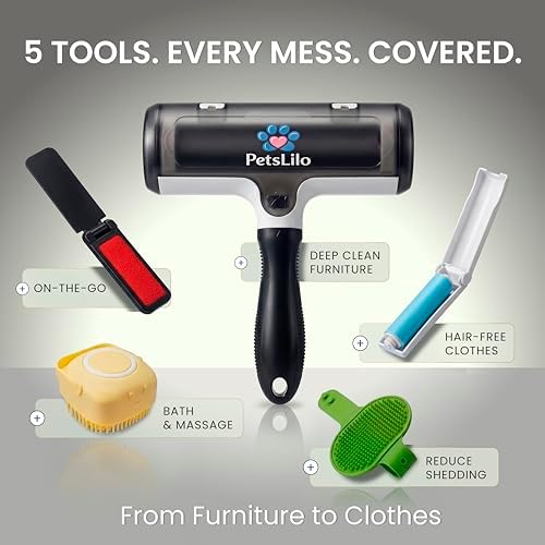 5-in-1 Kit Pet Hair Remover for Furniture & Couch - Reusable Lint Roller, Dog & Cat Fur Remover for Carpet, Car & Clothes, Mini Travel Roller, Grooming & Bath Brush Set for Sofa, Upholstery & Bedding - Image 2