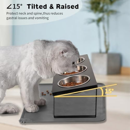 Summark Upgraded Elevated Cat Bowls with Food Mat,15°Tilted Stand Anti Vomiting Raised Cat Dishes for Food and Water,3 Stainless Steel Bowls for Cats and Puppy（Black） - Image 4