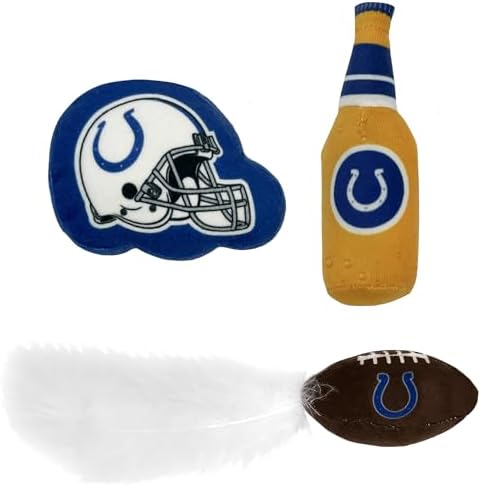 Pets First Best Plush CAT Toy - NFL Indianapolis Colts Complete Set of 3 Piece Cat Toys Filled with Fresh Catnip. Includes: 1 Helmet Cat Toy, 1 Football Cat Toy with Feathers & 1 Beer Bottle - Image 5