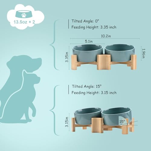 SPUNKYJUNKY 15° Slanted Ceramic Dog and Cat Bowl with Wooden Stand, Tilted Bulldog Food and Water Bowl No Slip Non-Spill for Cats Medium Dogs Big Face Pets 13.5 OZ (1.7 Cups, Light Green × 2) - Image 4