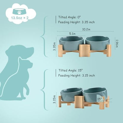 SPUNKYJUNKY 15° Slanted Ceramic Dog and Cat Bowl with Wooden Stand, Tilted Bulldog Food and Water Bowl No Slip Non-Spill for Cats Medium Dogs Big Face Pets 13.5 OZ (1.7 Cups, Light Green × 2) - Image 4