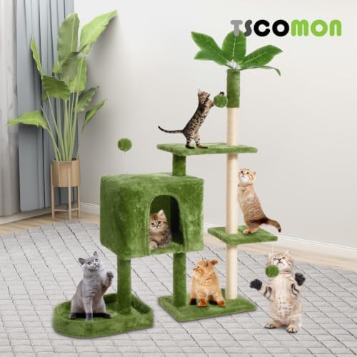 52inch Large Cat Tree Tower Condo with Hammock for Indoor Cats, Soft Plush Multi-Level Climbing Tree Cat House with Cat Cave, Scratching Post, Sisal Rope, Green - Image 4