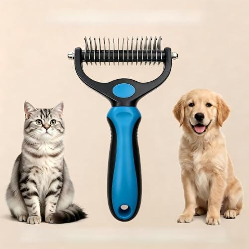 Dog Dematting Comb, Double Sided Dog Grooming Comb, Stainless Steel Undercoat Rake for Dogs & Cats, Pet Grooming Brush for Removing Mats, Tangles and Loose Fur, Deshedding Tool for Long Hair Pets by Unknown