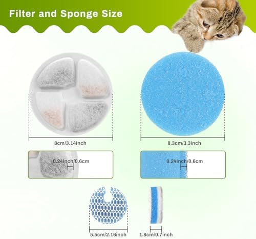 10 Set Cat Water Fountain Filters for 2L/67oz Round Stainless Steel Pet Water Fountain, ZEKIRY Pet Water Fountain Filters, Triple Filtration Replacement Filters(10 Filter, 10 Sponge, 10 8D Sponge) - Image 7