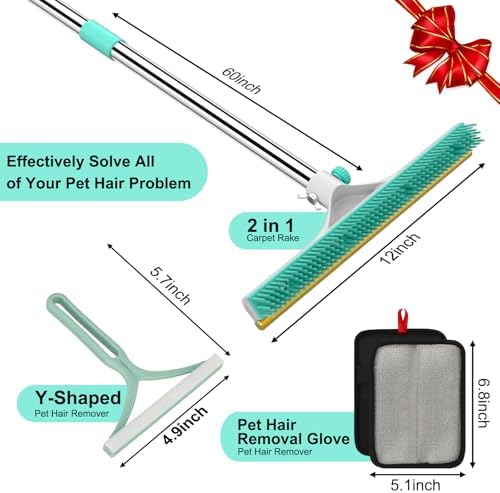 Carpet Rake for Pet Hair Removal - 60" Adjustable Long Handle Carpet Rake, 3 in 1 Reusable Pet Hair Removal Tool Kit, Cat Dog Fur Rakes Scraper Carpet Broom (White) - Image 2