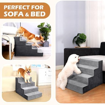 Heeyoo Dog Stairs for Small Dogs,5-Step Dog Steps for High Bed and Couch, High-Density Foam Pet Steps with Supporting Board, Non-Slip Removable Washable Cover, Grey