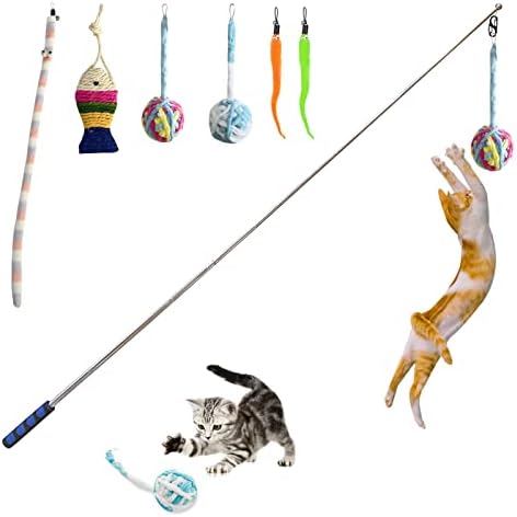 Retractable Cat Wand, 7 Pack Super Long 55.1" Wand Toy with Ball of Yarn, Feather Teasers - Interactive Indoor Cat Toys for Kittens & Cats by SILFGRLF