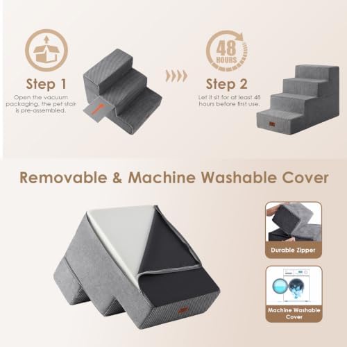 EHEYCIGA Dog Stairs for Bed 18" H, 4-Step Extra Wide Dog Steps, Grey - Image 6
