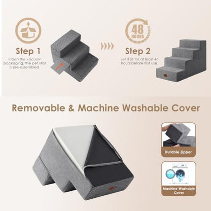 EHEYCIGA Dog Stairs for Bed 18" H, 4-Step Extra Wide Dog Steps, Grey - Image 6