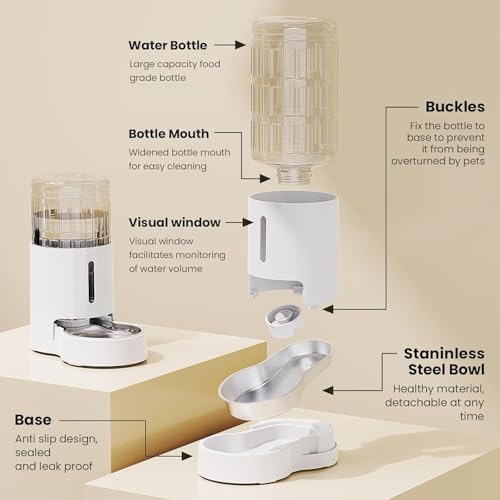 CZPET Automatic 4L/135Oz/1Gal Cat Water Dispenser with Stainless Steel Bowl, Gravity Waterer for Small Medium Dog Puppy Kitten (White) - Image 6