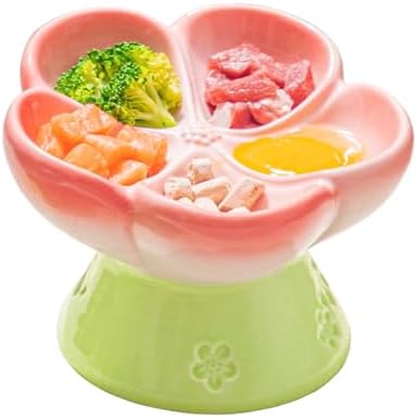 Ceramic Cat Divided Bowl Flower Shaped (5 Sections) - 4 Inch Elevated Design Cute Slow Feeder Bowl, Heavy Base, Under-Glazed Gradient Color - Separates Dry/Wet Food, Veggies, Fruits & Treats by LORVOR