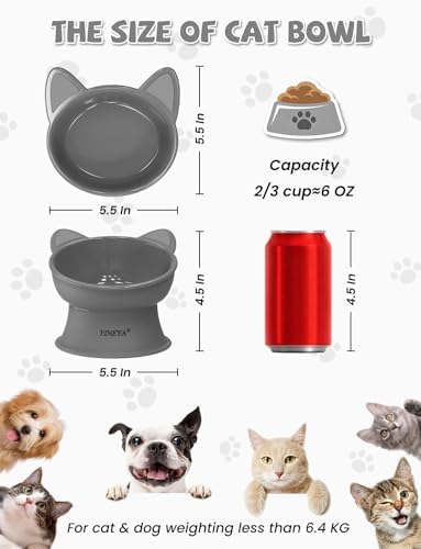 YINEYA Cat Bowls, Cat Food Bowl Elevated to Protect Neck & Anti-Vomit, Whisker-Friendly Raised Food & Water Bowls for Indoor Cats/Small Dogs, Cute Pet Feeding Bowl 6 OZ Each, Dishwasher Safe, Gray - Image 4