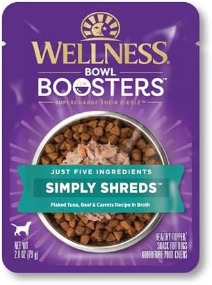 Wellness Bowl Boosters Simply Shreds Wet Dog Food Topper for Small, Medium, and Large Breeds, Grain Free, Natural, Tuna, Beef, and Carrots Recipe, 2.8 oz, Pack of 12 Pouches by WellnessNaturalPetFood