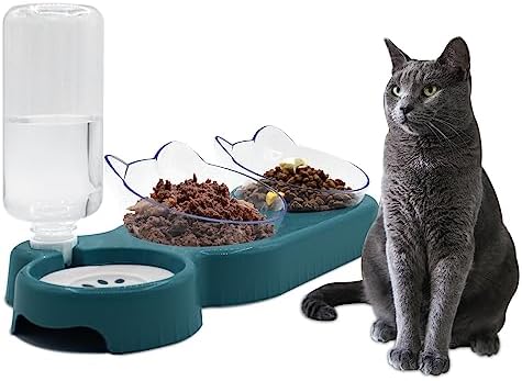 Triple Dog Cat Bowls, 15 Tilt 3-in-1 Water Feeder Bowls with Automatic Water Bottle Bowl, Removable Cat Wet and Dry Food Bowl Set for Small Cat and Puppy (Navy Blue) by Y-ANNJYA