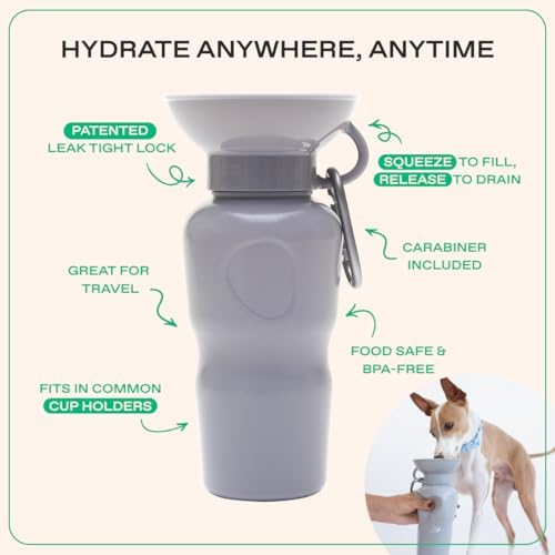 Springer Dog Water Bottle | Portable Travel Drinking Feeder Dispenser for Dogs & Puppies | As Seen on Shark Tank | Leak-Proof Bowl | BPA-Free | Outdoor Walking, Hiking & Travel | 22oz Gray - Image 3