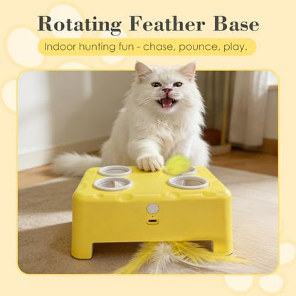 Cheese Box Interactive Cat Toy for Indoor Cats, 3-in-1 Whack a Mole Feather Toy, 3 Modes Rechargeable Auto Cat Toys for Bored Cats, 4 Holes Kitten Toy, 4 Accessories - Image 6
