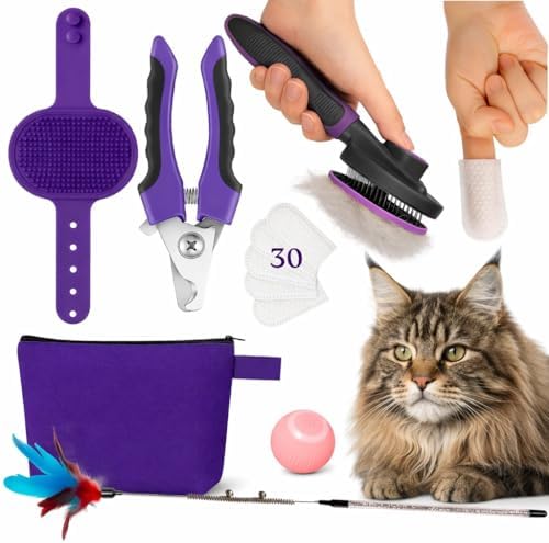 gameOFF Cat Grooming Kit 6 in 1, Include: Nail Clipper, Brush for Shedding, Wand Toy, Interactive Ball Toy, Bath Brush, Ear Cleaner Finger Wipes (30ct.), Cat Grooming Supplies, Kitten Supplies by Unknown