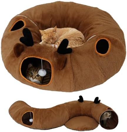 Cat Tunnel Bed for Indoor Cats with Washable Cushion Cat Cave Donut Tunnel with Fluffy Ball Big Round Tube Pet Playground Toys Soft Plush Peekaboo for Kitten, Cat, Puppy, Rabbit, Ferret（Deer） by WYZJL