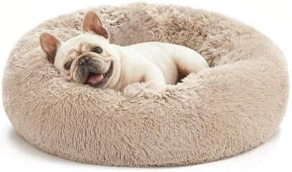 Love's cabin Calming Cat Bed for Indoor Cats, Anti-Anxiety Donut Round Dog Bed,Fluffy Faux Fur Washable Pet Bed for Small Medium Dogs and Cats, Taupe, 24in by Lovescabin