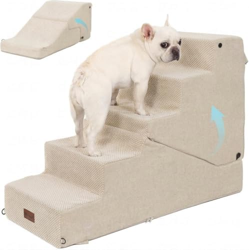 5-Step Dog Stairs and Ramp for Small Dogs and Cats, Pet Steps for High Bed with Non-Slip Bottom, Beige by SIEMOUR