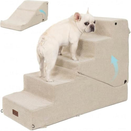 5-Step Dog Stairs and Ramp for Small Dogs and Cats, Pet Steps for High Bed with Non-Slip Bottom, Beige by SIEMOUR