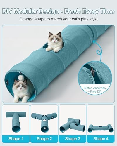 Cat Tunnel, 3 Straight Shaped Tunnels 6 DIY Shapes with Wand Toys, No Noise Scratch Resistant Cool Linen Fabric, Interactive Pet Tunnel Tube for Indoor Cats, Puppy and Rabbits - Image 2