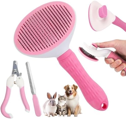Aglads 3PCS Cat Rabbit Bunny Dog Grooming Kit, Self-Cleaning Slicker Cat & Dog Brush for Shedding, Fine-Needle Comb, Pet Nail Clipper & File for Long/Short-Haired Pets, Easy to Remove Loose (3, pink) by Unknown