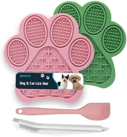 2-Pack Premium Lick Mats for Dogs & Cats | Slow Feeder mat with Suction Cups | Bathing, Grooming & Nail Trimming Aid | Food-Grade Non-Toxic Silicone (Pink & Green) by HANZOTO
