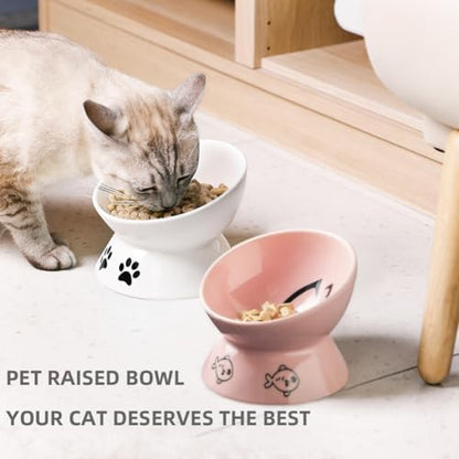 Sweejar Ceramic Raised Cat Bowls, Slanted Cat Dish Food or Water Bowls, Elevated Porcelain Pet Feeder Bowl Protect Cat's Spine, Stress Free, Backflow Prevention(White) - Image 2