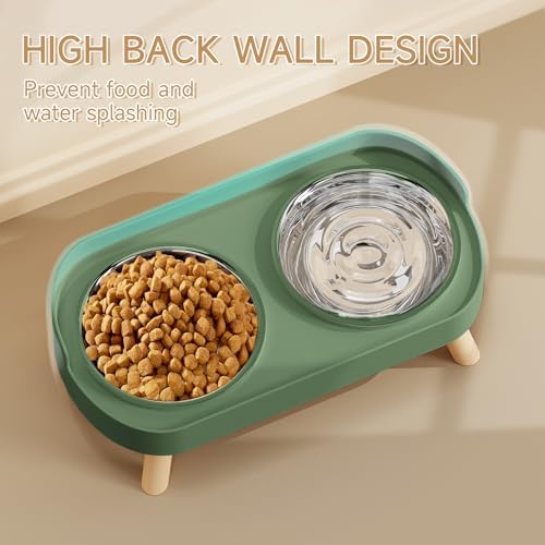 Elevated Cat Bowl, Raised Cat Food and Water Bowl Set for Indoor Cats, Splash Proof with 2 Stainless Steel Pet Food Bowls for Cats and Puppies, Whisker Fatigue and Dishwasher Safe - Green - Image 2