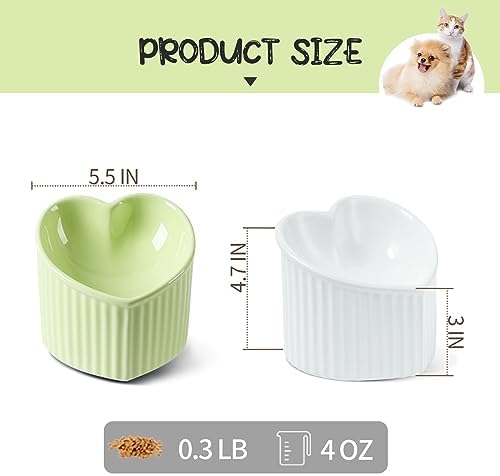 5 in Ceramic Raised Tilted Cat Food Bowls 2 Pack(White&Green) - Image 3