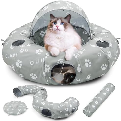 Cat Tunnel Bed for Indoor Cats, Donut Tunnel with Mat, Straight Tunnel, 4 Hanging Balls and Blackout Tent, Collapsible Peekaboo Cat Cave by OUHOU