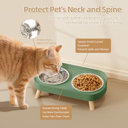 Elevated Cat Bowl, Raised Cat Food and Water Bowl Set for Indoor Cats, Splash Proof with 2 Stainless Steel Pet Food Bowls for Cats and Puppies, Whisker Fatigue and Dishwasher Safe - Green - Image 3