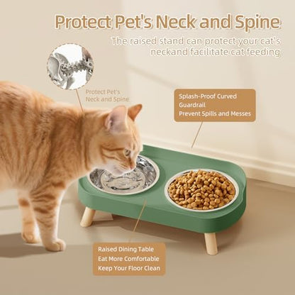 Elevated Cat Bowl, Raised Cat Food and Water Bowl Set for Indoor Cats, Splash Proof with 2 Stainless Steel Pet Food Bowls for Cats and Puppies, Whisker Fatigue and Dishwasher Safe - Green - Image 3