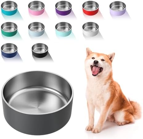 WENBOKMIN Dog Bowl, Stainless Steel Food and Water Bowl, 64oz, Deep Grey | Non Slip Quiet Bottom, Easy to Clean, Dishwasher Safe by Wenbokmin