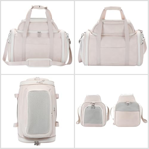 Premium Leather Top Expandable Pet Carrier for Small Dogs & Cats Under 15 lbs, Airline Approved Collapsible Soft-Sided Luxury Travel Bag Beige - Image 3