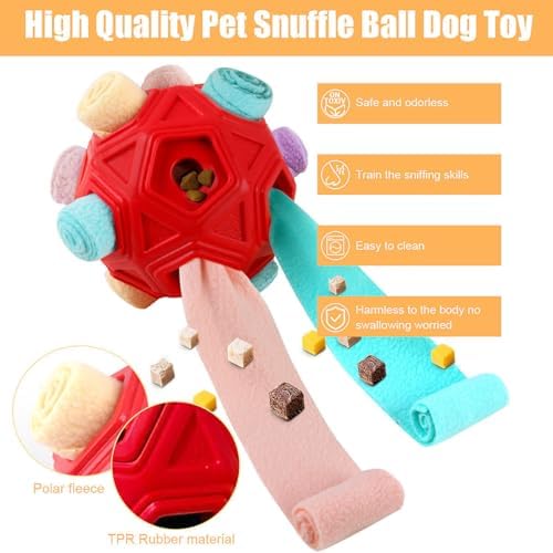 Dog Snuffle Ball-Interactive Puzzle Dog Toys Encourage Natural Foraging Skills Slow Feeder for Training and Stress Relief, Cloth Strip Hiding Food Dog Toys for Any Size Dogs (Red Macaron) - Image 2