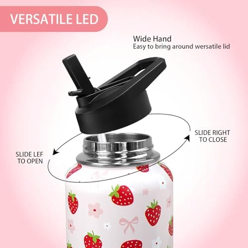 32oz Strawberry Stainless Insulated Aater Water Bottle with Straw,Strawberry Floral Gym Hiking Sports Coffee Mug Cup Water Bottles,Strawberry Themed Gifts for Women,Strawberry Decor Stuff Accessories - Image 4