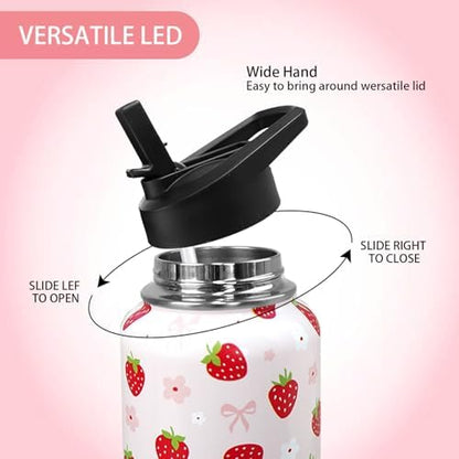 32oz Strawberry Stainless Insulated Aater Water Bottle with Straw,Strawberry Floral Gym Hiking Sports Coffee Mug Cup Water Bottles,Strawberry Themed Gifts for Women,Strawberry Decor Stuff Accessories - Image 4